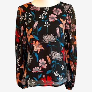 Who What Wear women's blouse long sleeves black lily floral multicolor XS